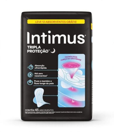 Absorvente Intimus Tripla Proteção Noite Suave Com Abas, Fluxo intenso, 45 unid